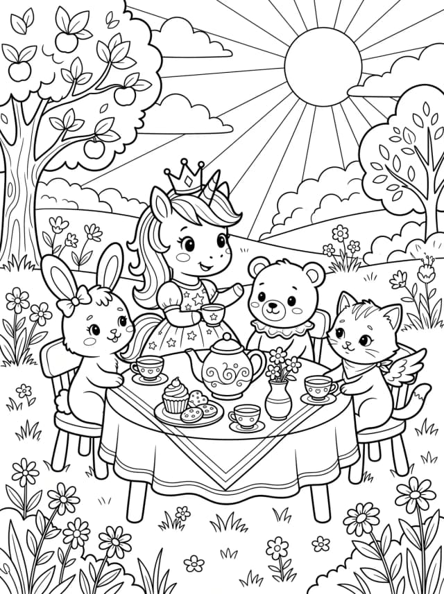Black-and-white anime colouring page for kids: A unicorn princess at a tea party with friends
