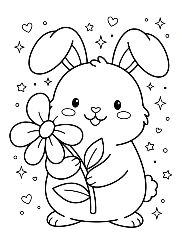 Black-and-white kawaii colouring page for toddlers: A round chubby bunny holding a single big flower