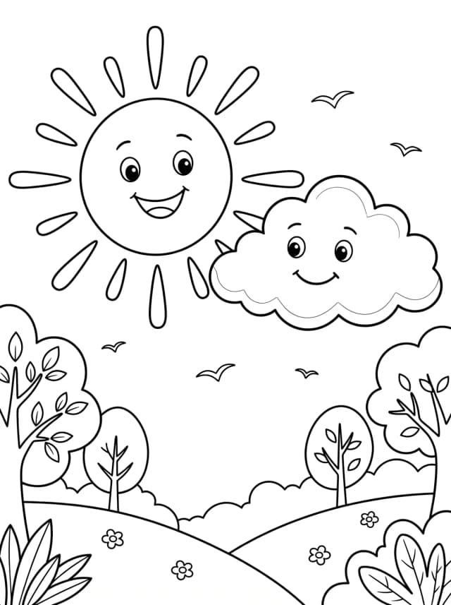 Black-and-white cartoon colouring page for toddlers: A round smiling sun and a smiling cloud in a simple sky