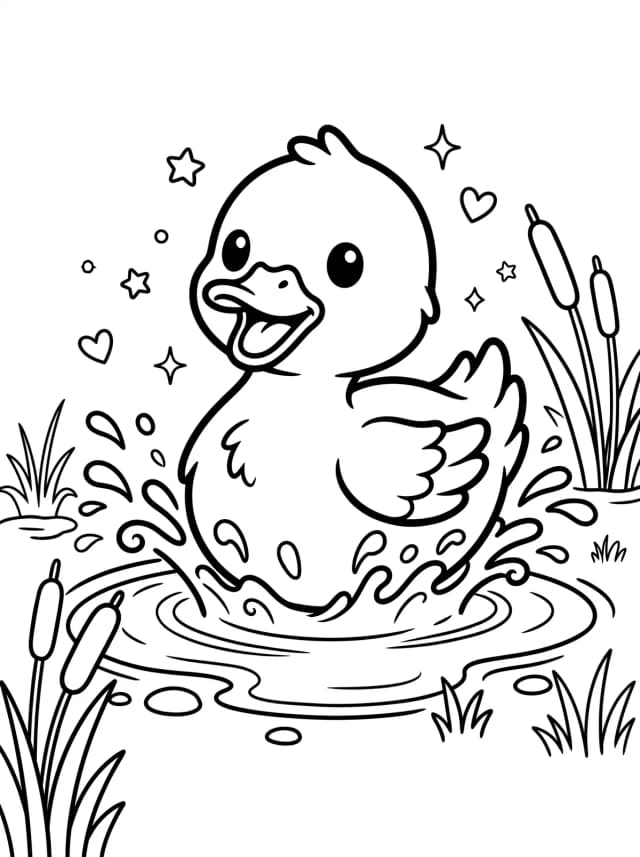 Black-and-white kawaii colouring page for toddlers: A chubby duck splashing in a small puddle