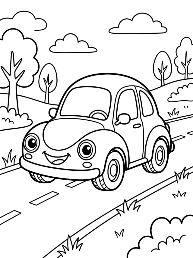 Black-and-white cartoon colouring page for toddlers: A round happy car driving down a simple road