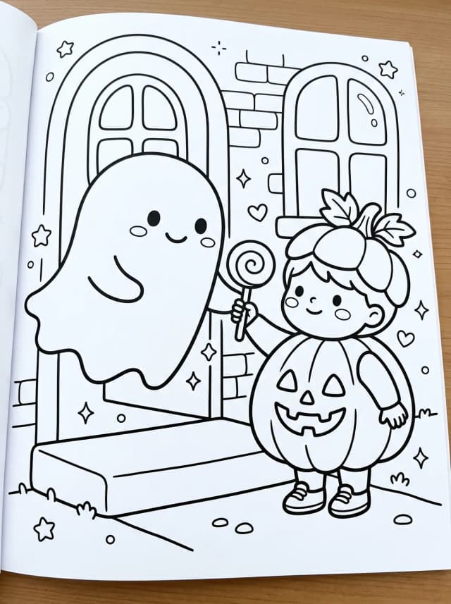 Black-and-white kawaii colouring page: A friendly ghost handing out lollies on a doorstep