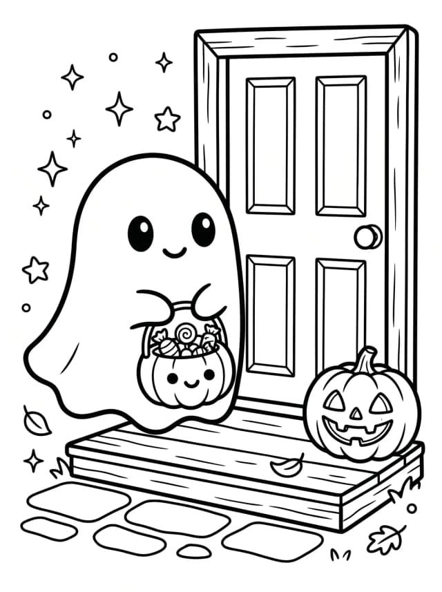 Black-and-white kawaii colouring page: A chibi ghost holding a pumpkin basket of lollies on a doorstep