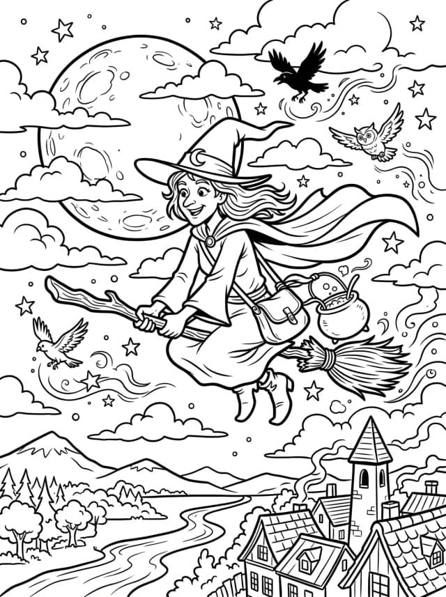 Black-and-white comic colouring page: A witch flying past a full moon on a broomstick