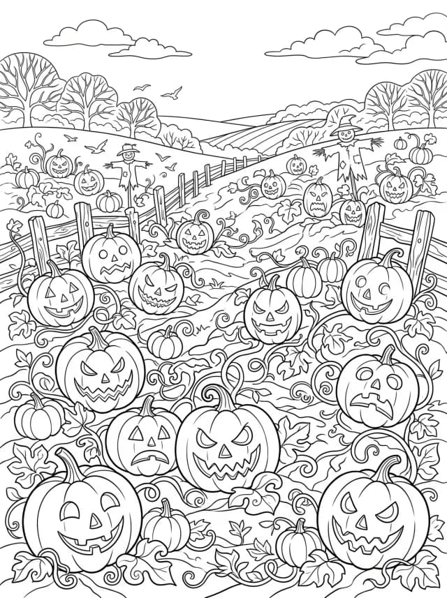 Black-and-white storybook colouring page: A pumpkin patch full of jack-o-lanterns with different faces