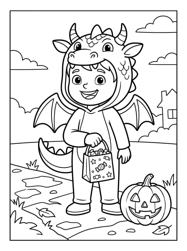 Black-and-white cartoon colouring page: A kid in a dragon costume trick-or-treating with friends