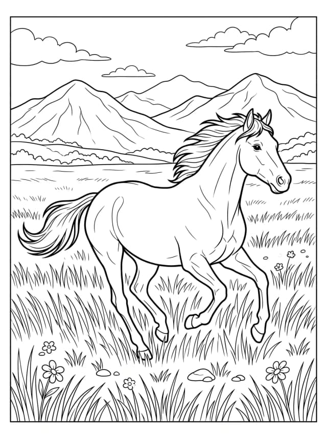 Black-and-white storybook colouring page: A horse galloping through a field of long grass with mountains behind