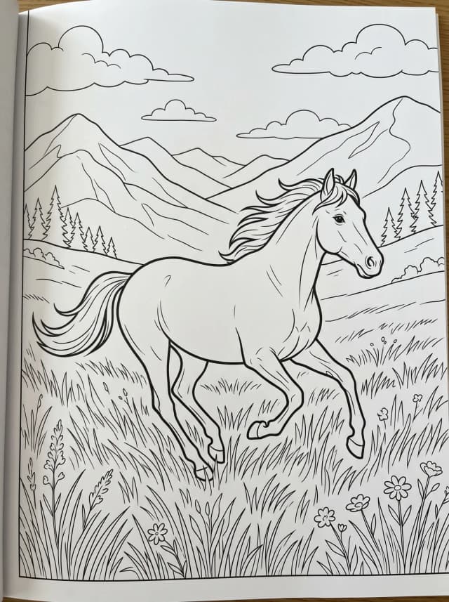 Black-and-white storybook colouring page: A horse galloping through a field of long grass with mountains behind