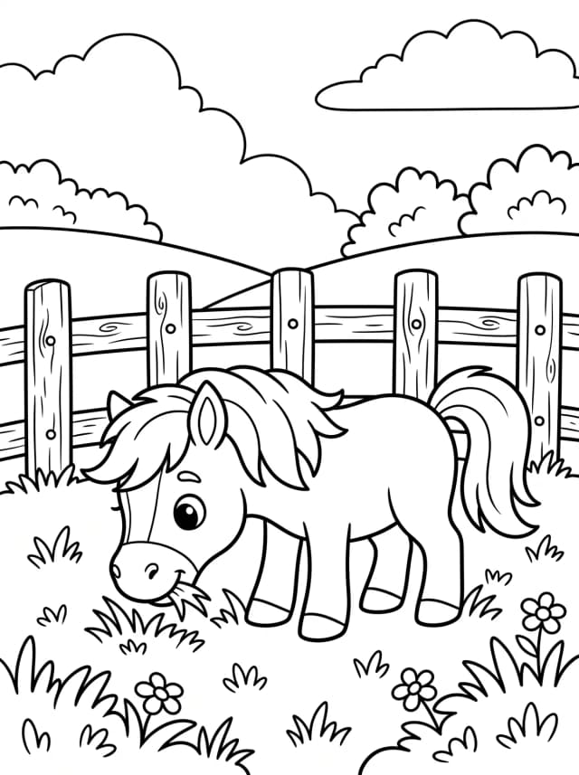 Black-and-white cartoon colouring page: A small pony nibbling grass next to a wooden fence