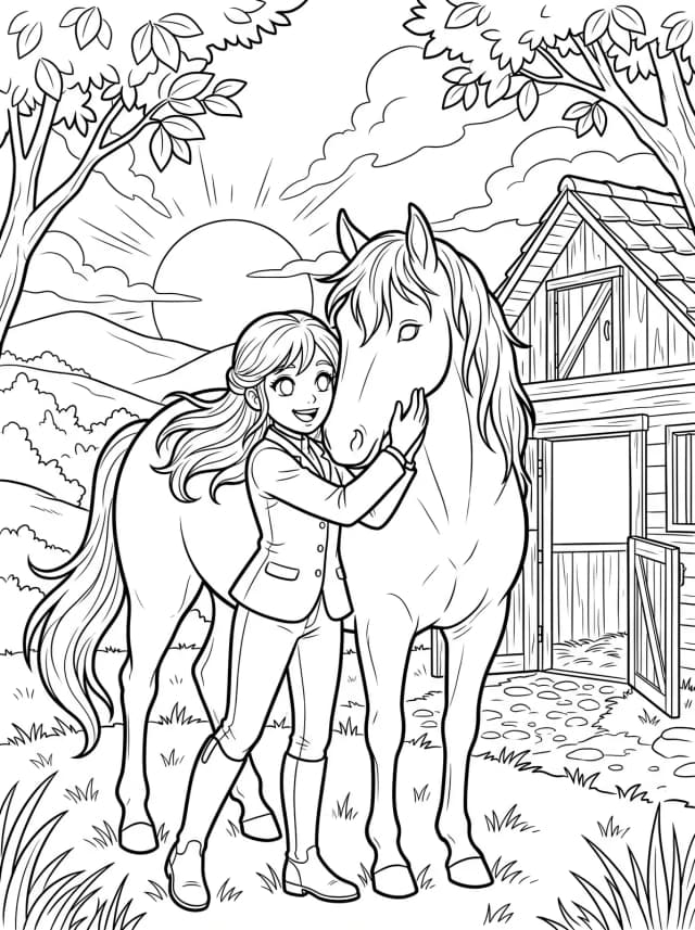 Black-and-white anime colouring page: A young girl hugging her horse outside a stable at sunset