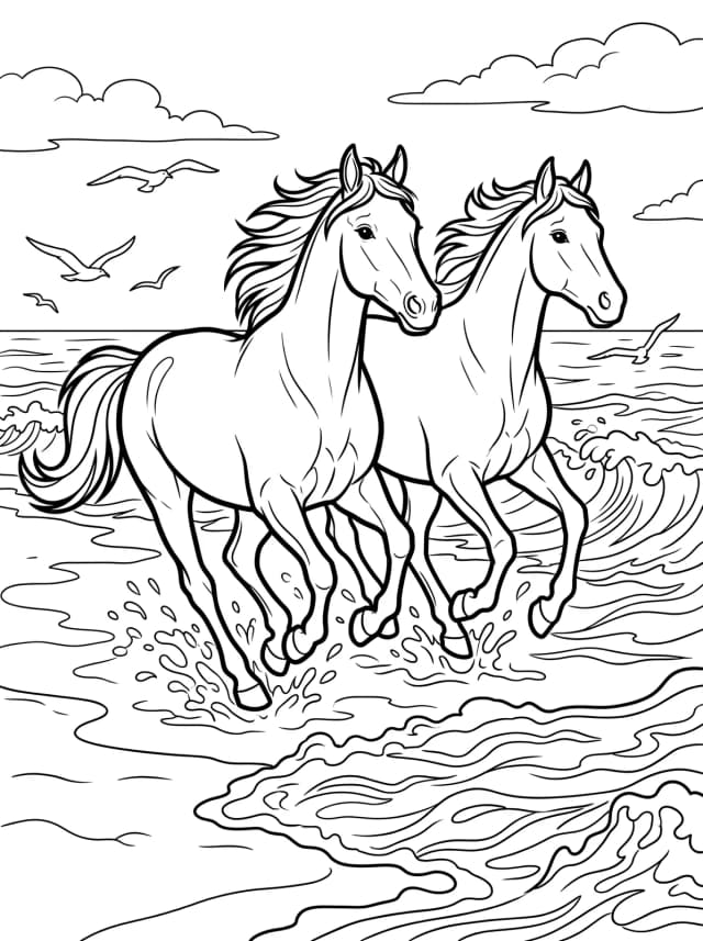 Black-and-white comic colouring page: Two horses running together along a beach with waves