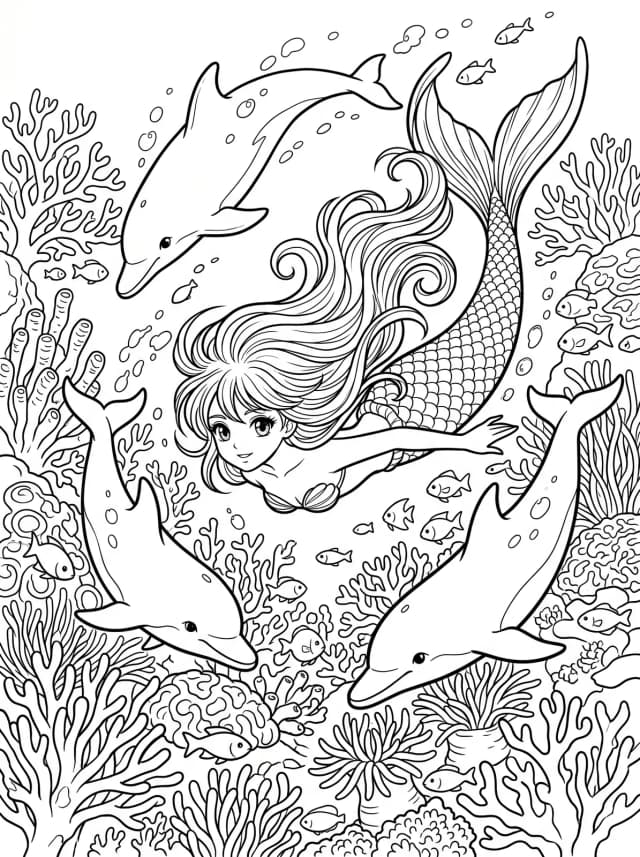 Black-and-white anime colouring page: A young mermaid swimming with dolphins through coral