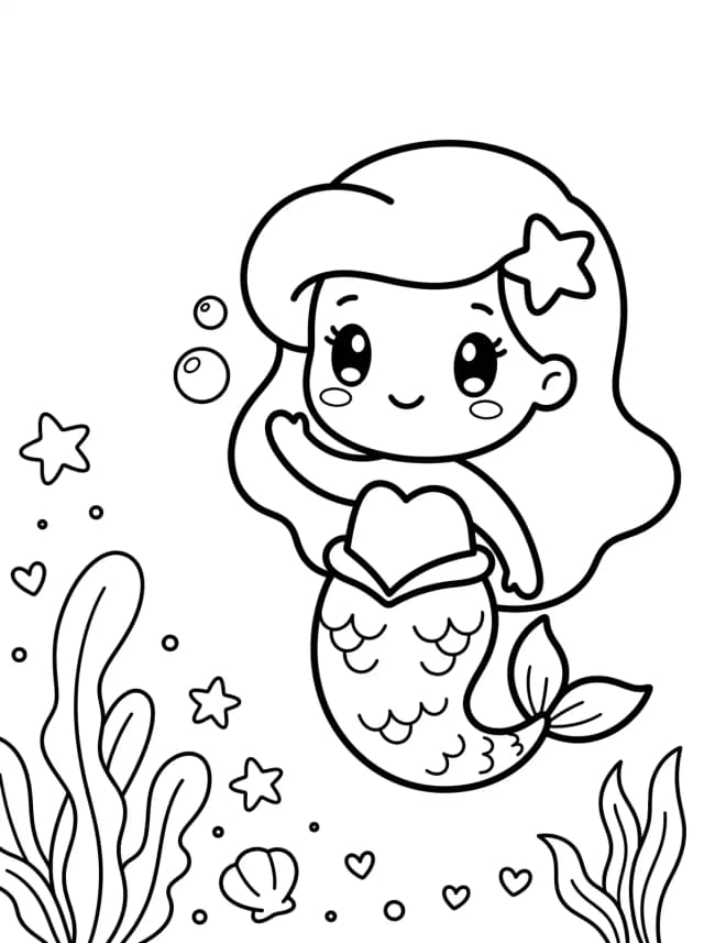 Black-and-white kawaii colouring page: A smiling chibi mermaid waving with a few bubbles