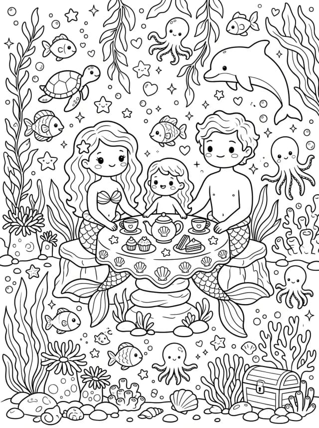 Black-and-white kawaii colouring page: A mermaid family having a tea party in an underwater garden