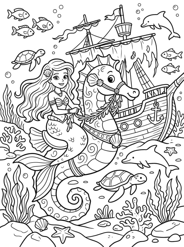 Black-and-white cartoon colouring page: A mermaid riding a giant seahorse past a sunken ship