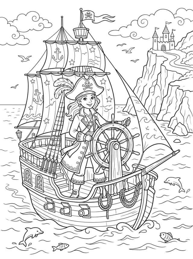 Black-and-white storybook colouring page: A friendly pirate captain steering her ship past sea cliffs