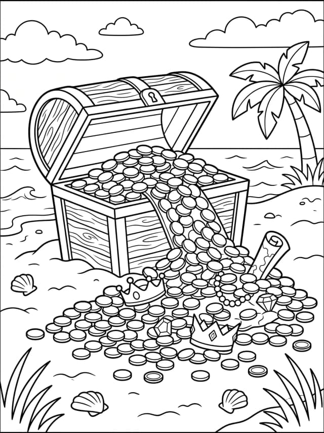 Black-and-white cartoon colouring page: A treasure chest spilling gold coins onto a sandy beach