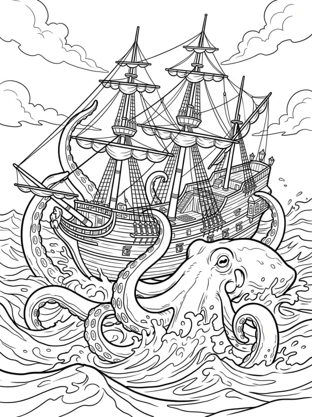 Black-and-white comic colouring page: A kraken wrapping a tentacle around a wooden galleon