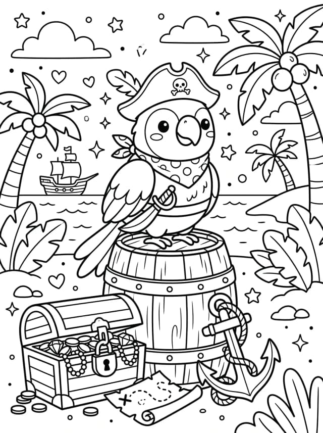 Black-and-white kawaii colouring page: A friendly parrot pirate sitting on a barrel