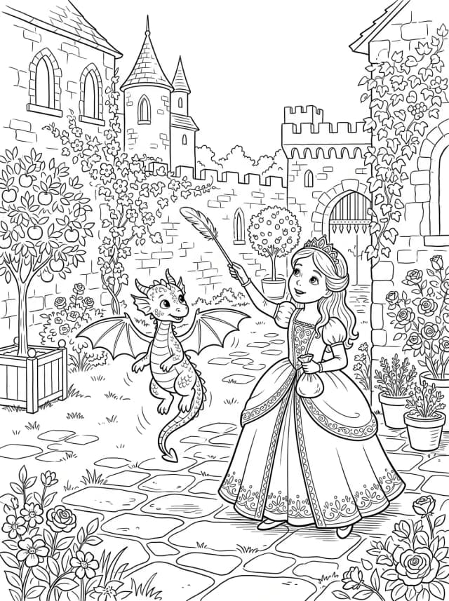 Black-and-white storybook colouring page: A princess training a baby dragon to fly in a courtyard