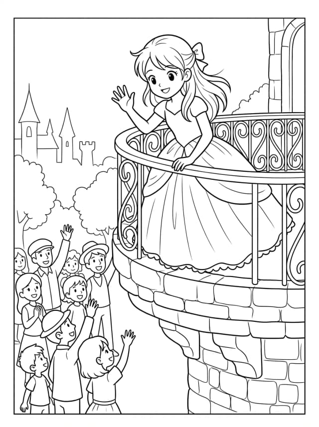 Black-and-white anime colouring page: A princess at a royal ball under sparkling chandeliers