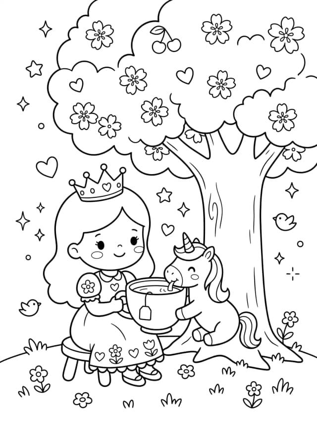 Black-and-white kawaii colouring page: A princess having tea with a friendly unicorn in a garden