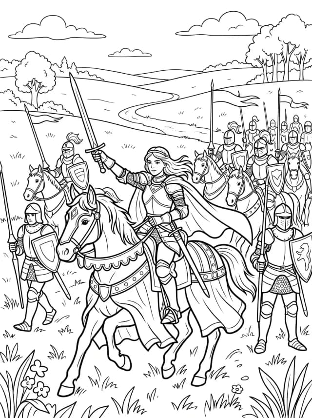 Black-and-white comic colouring page: A princess in armour leading her knights into the meadow