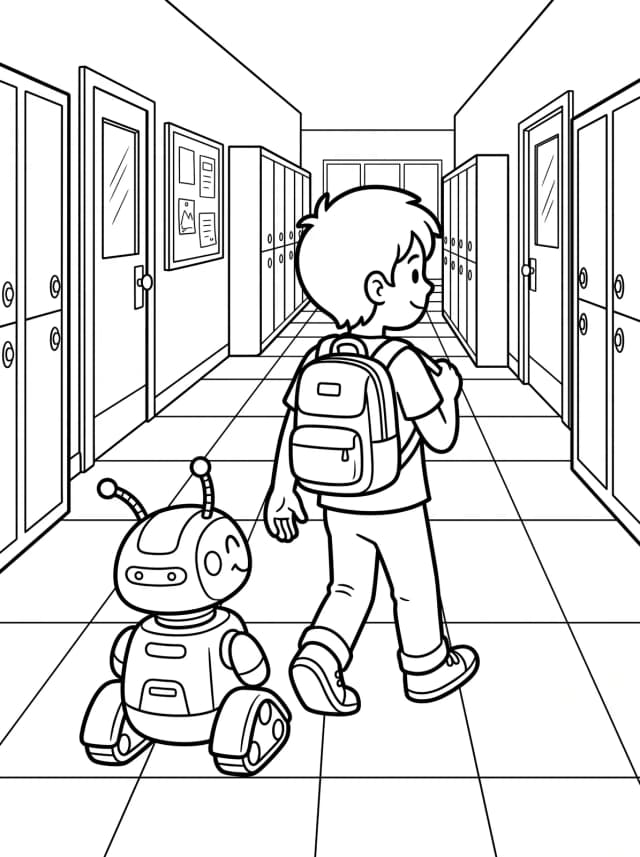 Black-and-white cartoon colouring page: A friendly robot pet following a kid down a school hallway