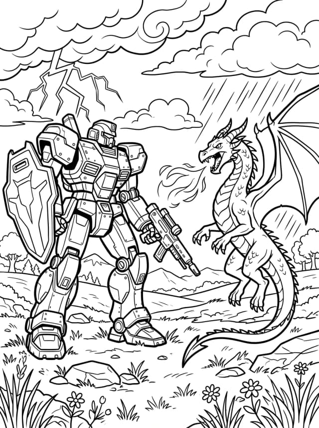 Black-and-white comic colouring page: A giant mecha facing down a dragon in a stormy field
