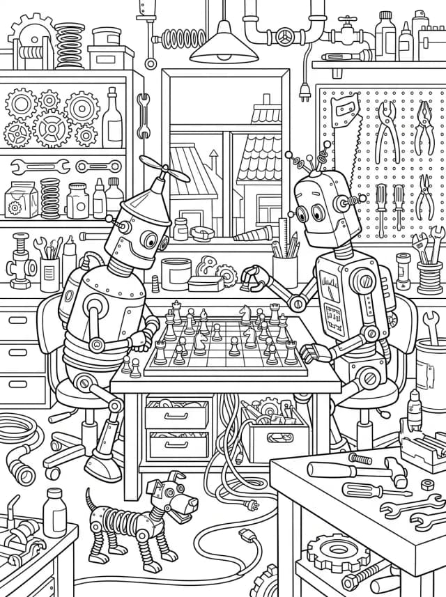 Black-and-white storybook colouring page: Two robots playing chess in a workshop full of tools