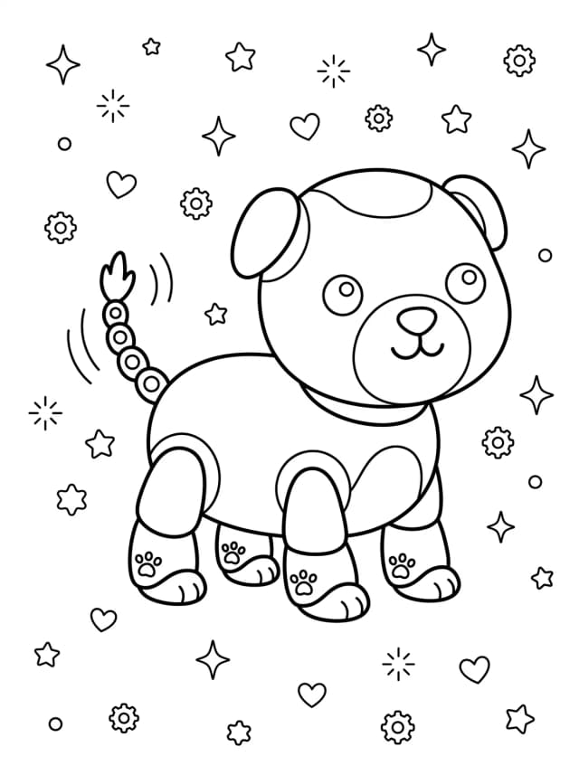 Black-and-white kawaii colouring page: A small round robot dog wagging a metal tail