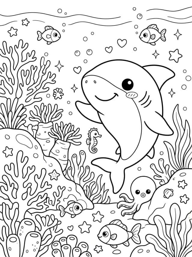 Black-and-white kawaii colouring page: A friendly cartoon shark waving from a coral reef