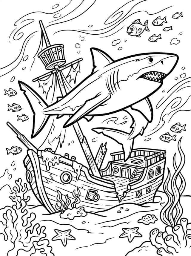Black-and-white comic colouring page: A great white shark swimming past a shipwreck