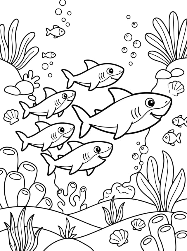 Black-and-white cartoon colouring page: A baby shark family swimming together in formation
