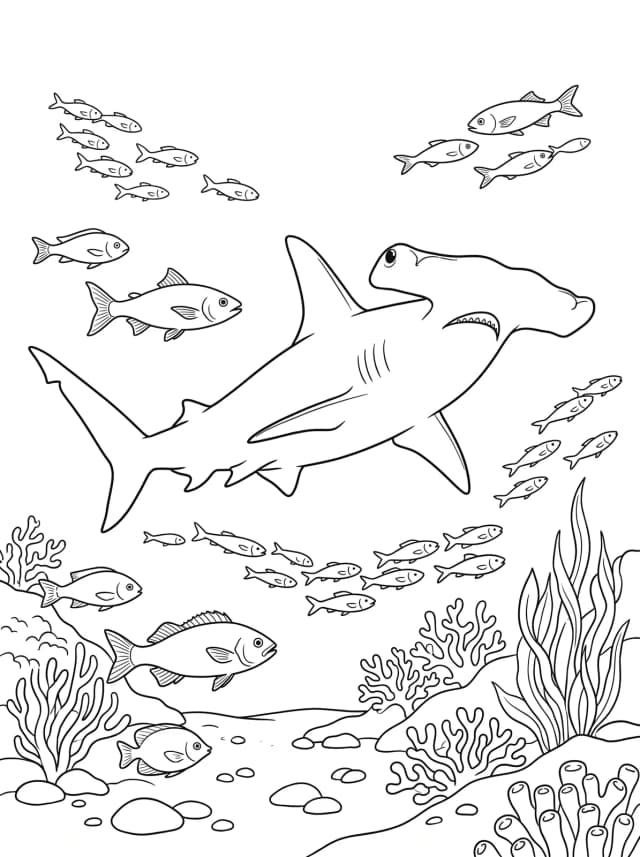 Black-and-white storybook colouring page: A hammerhead shark patrolling the ocean floor with fish around it