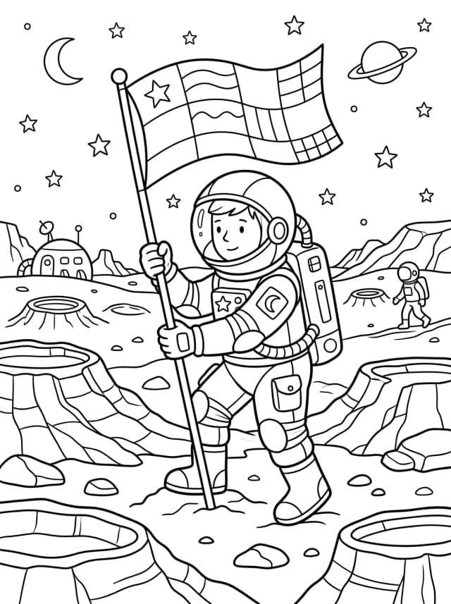Black-and-white storybook colouring page: An astronaut planting a flag on the surface of Mars
