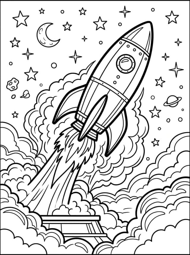 Black-and-white comic colouring page: A rocket lifting off through clouds with stars above
