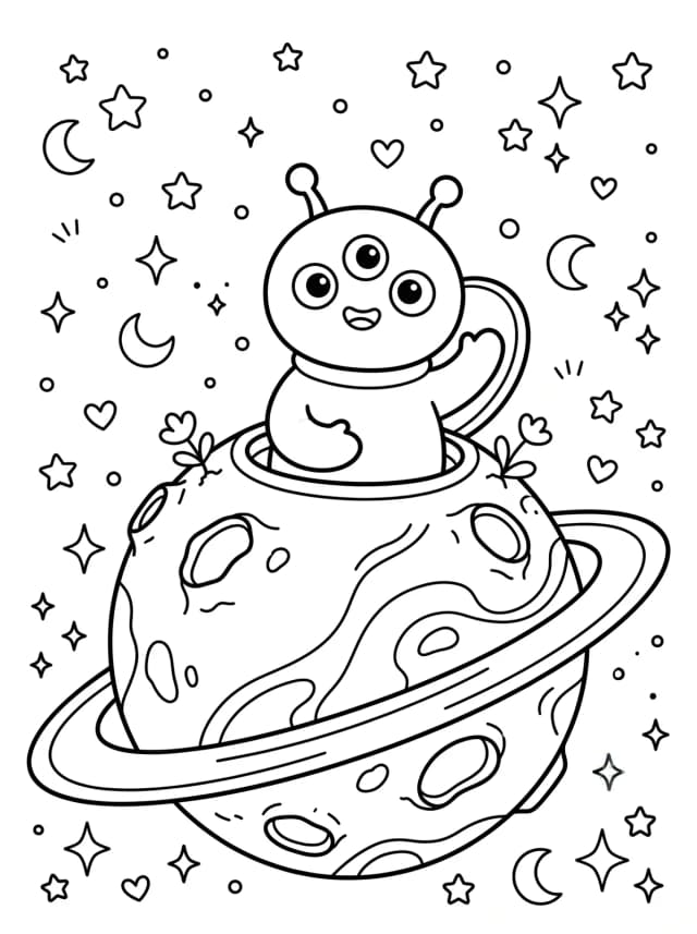 Black-and-white kawaii colouring page: A friendly alien waving from a small purple planet
