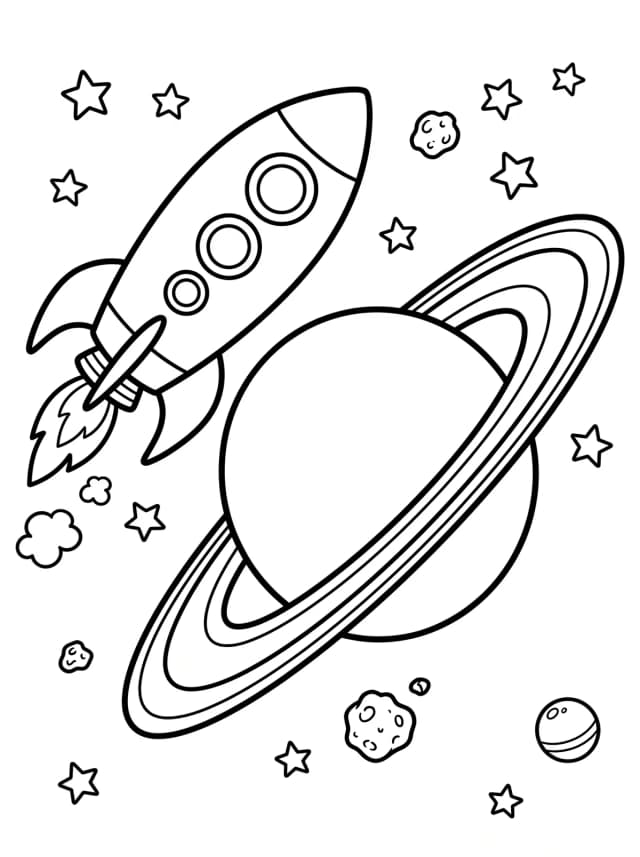 Black-and-white cartoon colouring page: A spaceship flying past the rings of Saturn