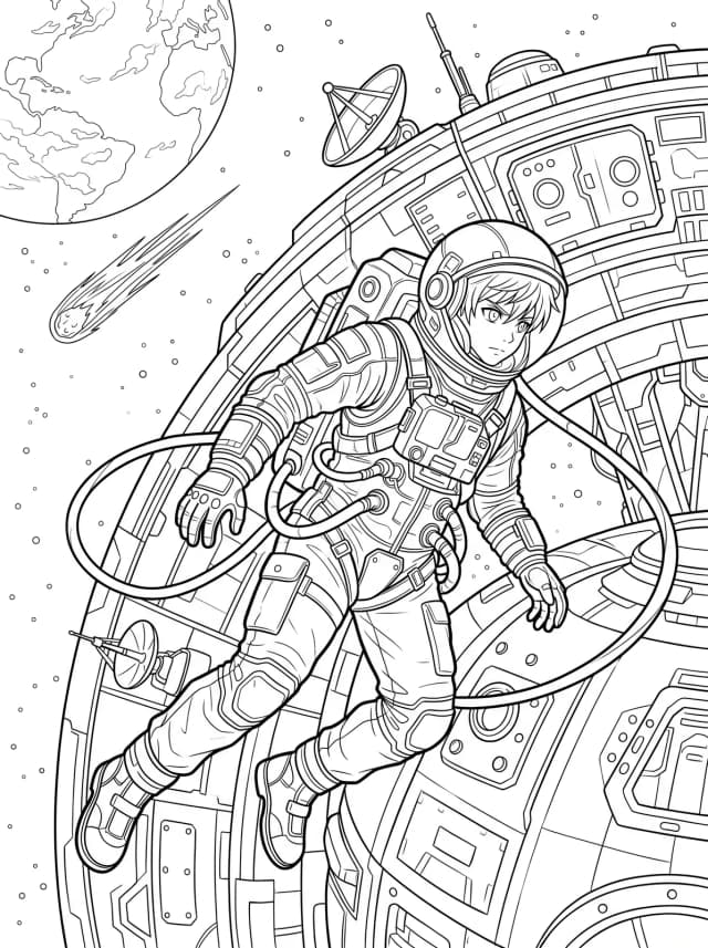 Black-and-white anime colouring page: An anime astronaut spacewalking outside a space station with Earth and a comet behind