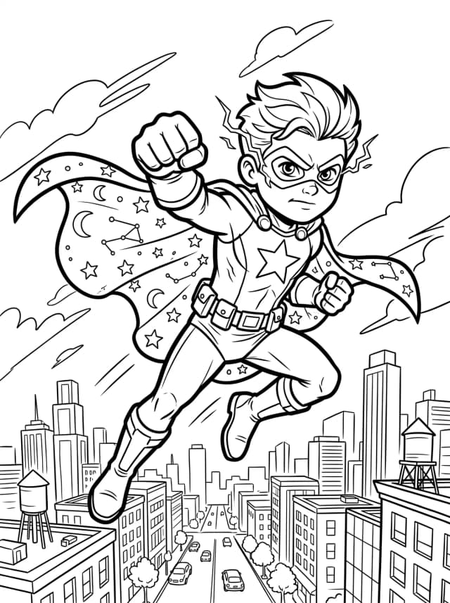 Black-and-white comic colouring page: A kid superhero with a cape made of stars leaping forward