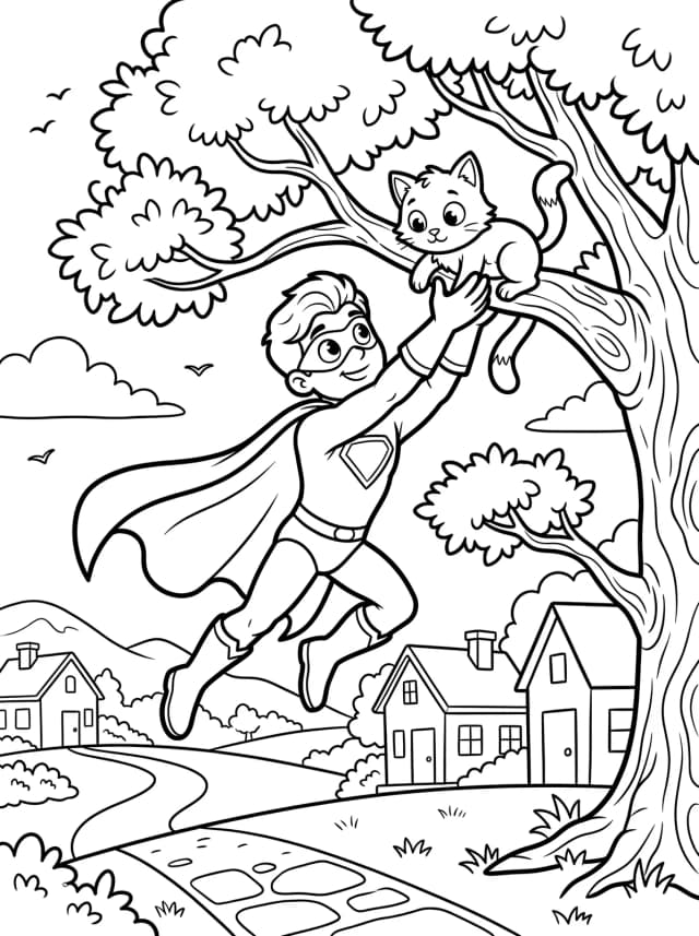 Black-and-white cartoon colouring page: A flying hero rescuing a cat from a tall tree