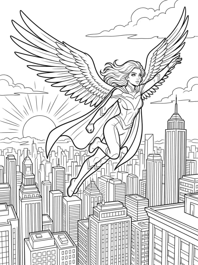 Black-and-white anime colouring page: A winged hero soaring over a city skyline at sunset