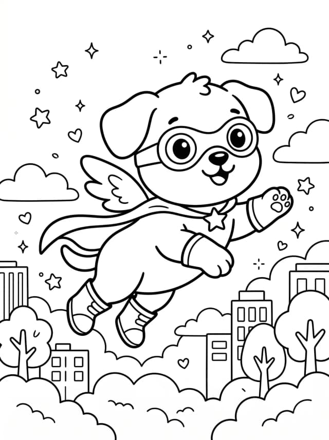 Black-and-white kawaii colouring page: A superhero pet wearing matching boots and goggles