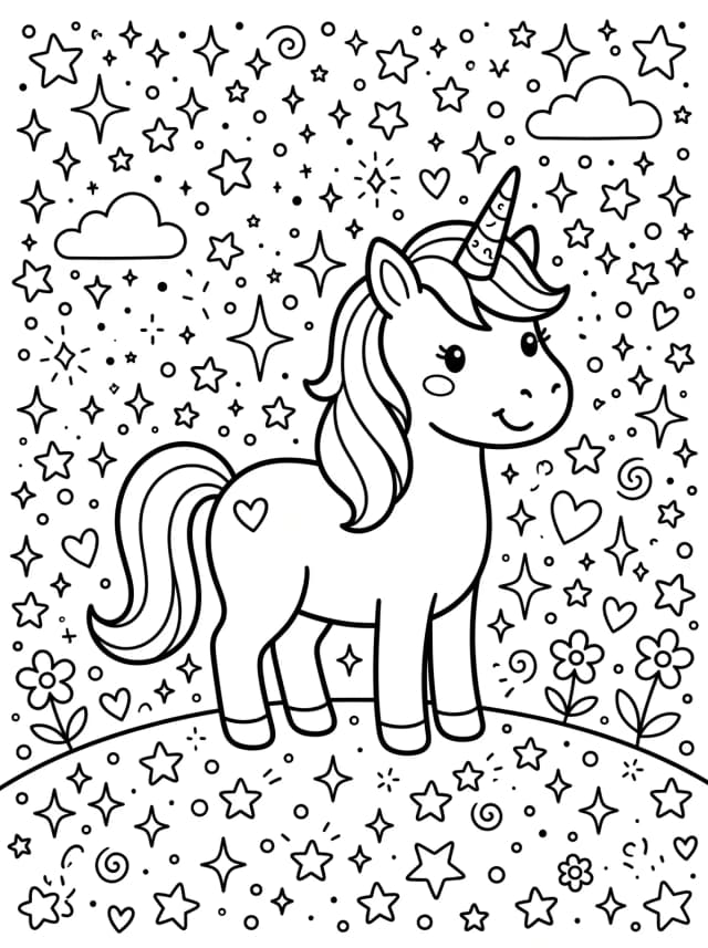 Black-and-white kawaii colouring page: A unicorn standing in a field of stars and sparkles