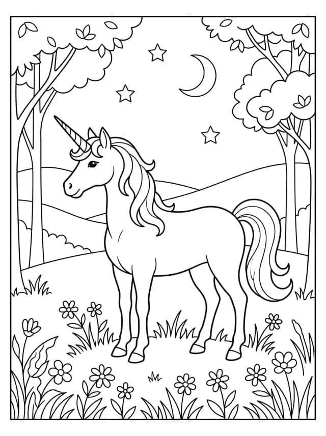 Black-and-white storybook colouring page: A unicorn standing in a moonlit meadow with stars and flowers