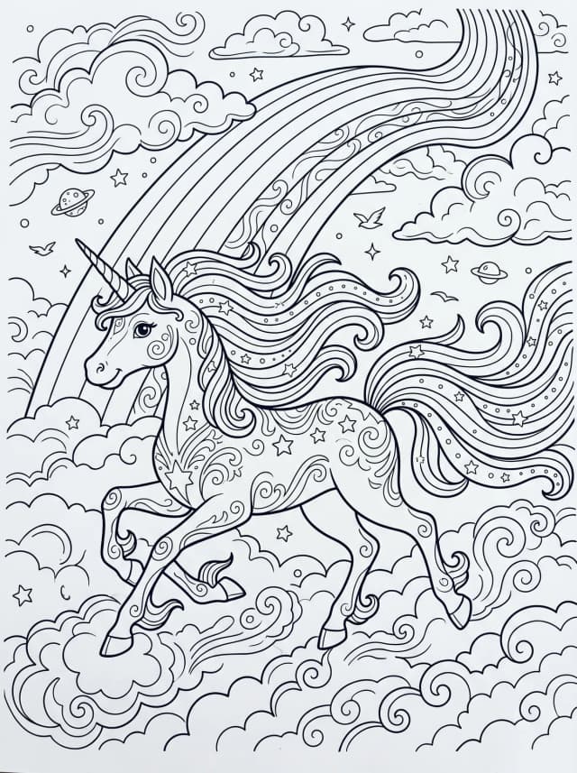 Black-and-white storybook colouring page: A unicorn galloping through clouds with a flowing rainbow mane