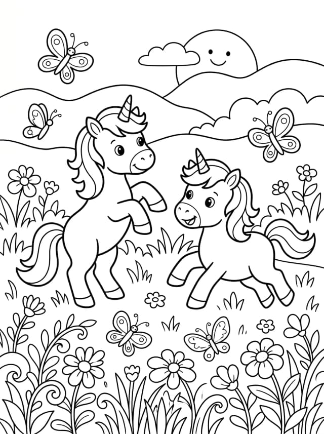 Black-and-white cartoon colouring page: Two baby unicorns playing in a meadow with butterflies