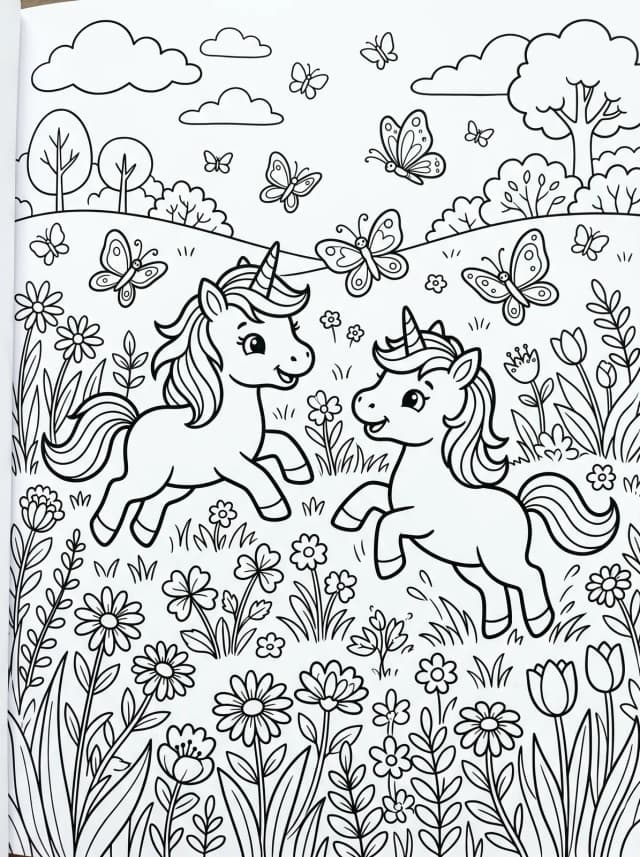 Black-and-white cartoon colouring page: Two baby unicorns playing in a meadow with butterflies
