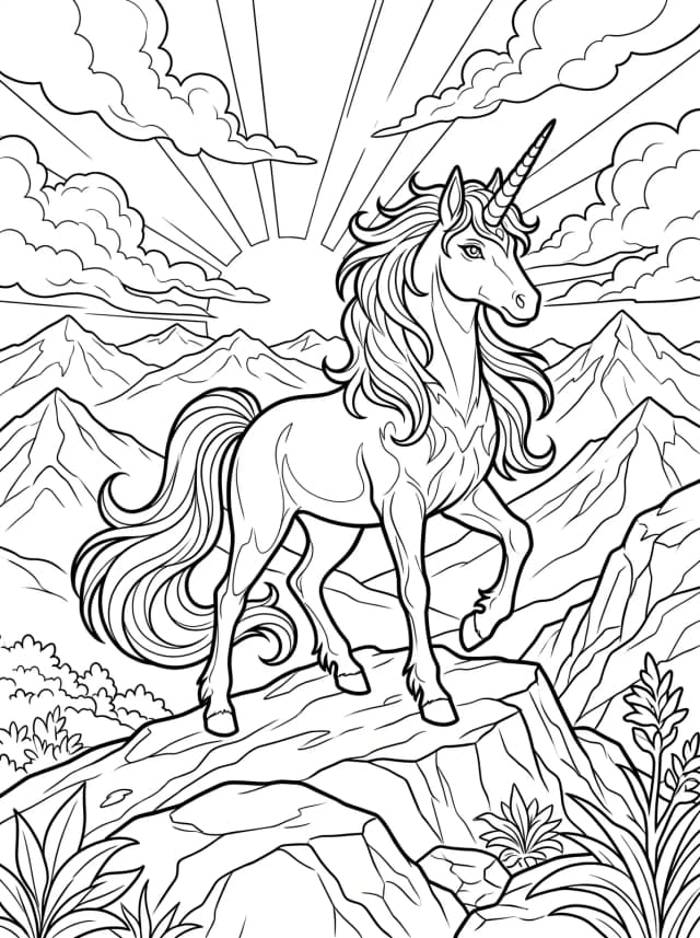 Black-and-white anime colouring page: A majestic unicorn on a mountaintop at sunrise